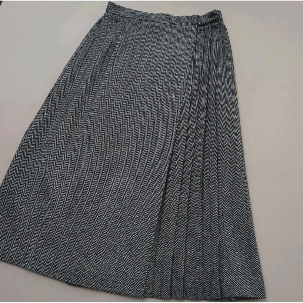 Vtg Ira Joyce Wool Gray Herringbone Midi Skirt Sz 12 Kilt Asymmetrical Pleat